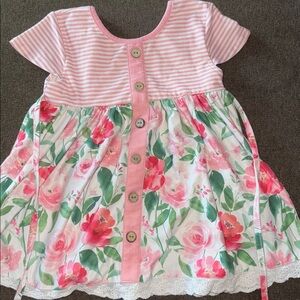 Cheeky Plum Girls 4 Striped & Floral Long Dress With Button Front & Lace